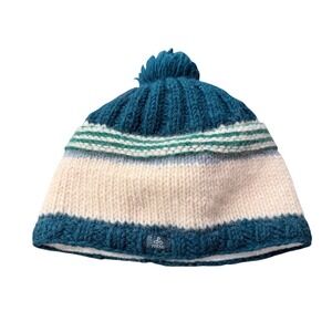 Prana Teal Cream Striped Knit Pom Pom Beanie Hat 100 Percent Wool Made in Nepal